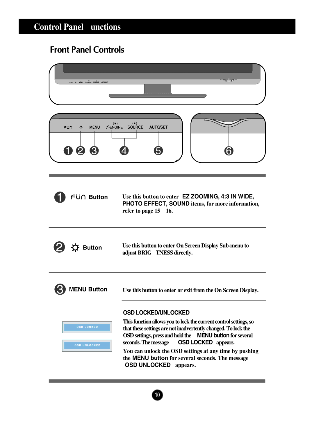 LG Electronics W2600V manual Control Panel Functions, Front Panel Controls, Menu Button, Osd Locked/Unlocked 