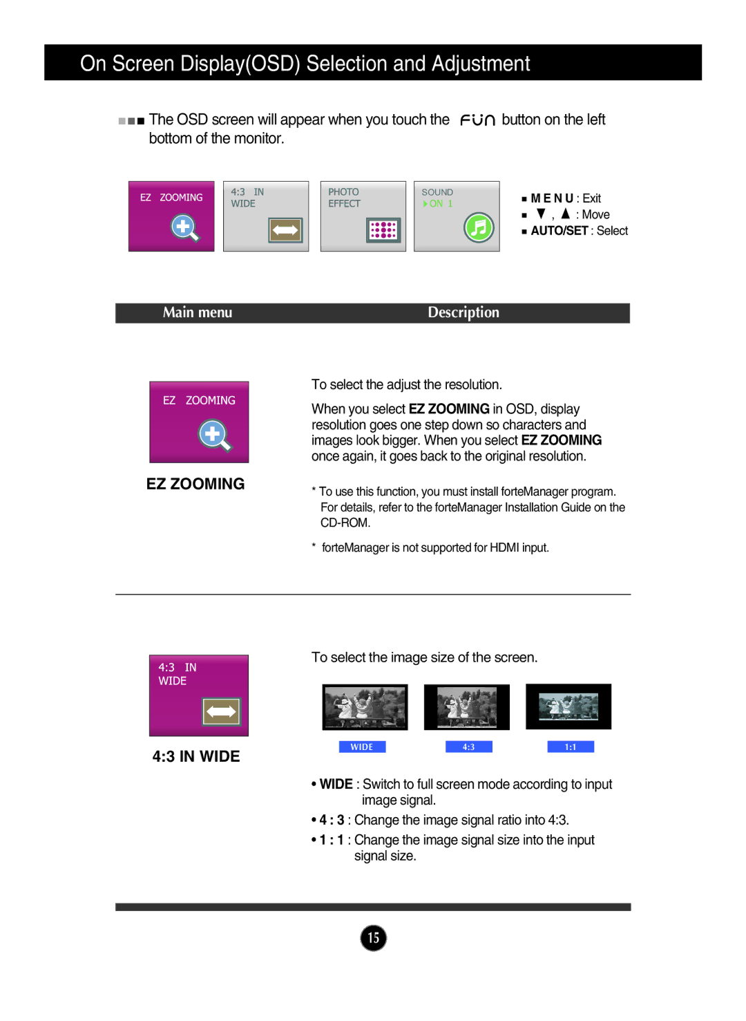 LG Electronics W2600V manual To select the adjust the resolution, To select the image size of the screen 