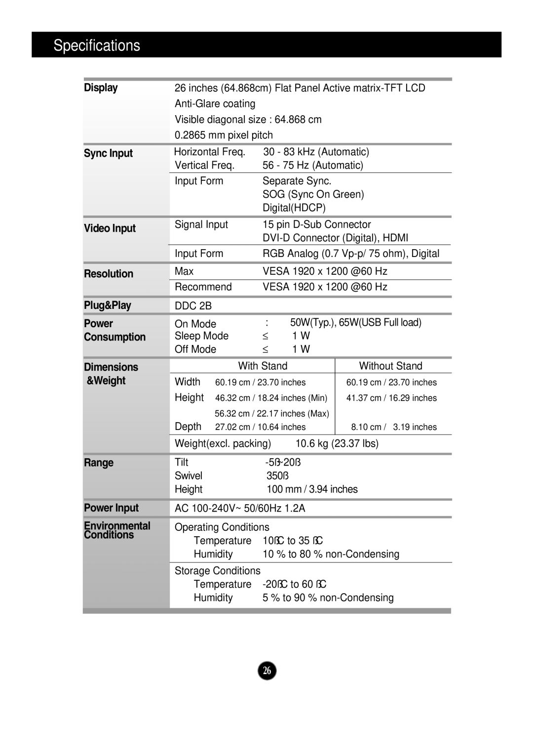 LG Electronics W2600V manual Specifications, Separate Sync, RGB Analog 0.7 Vp-p/ 75 ohm, Digital, With Stand 