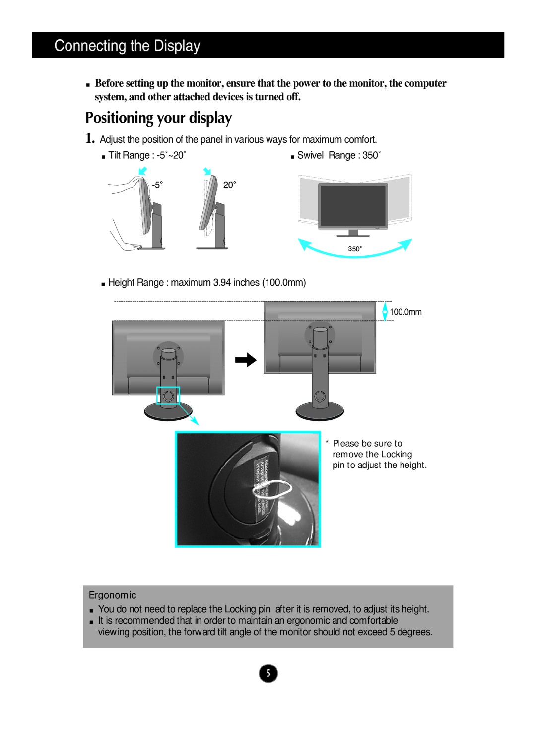 LG Electronics W2600V manual Positioning your display, Height Range maximum 3.94 inches 100.0mm 