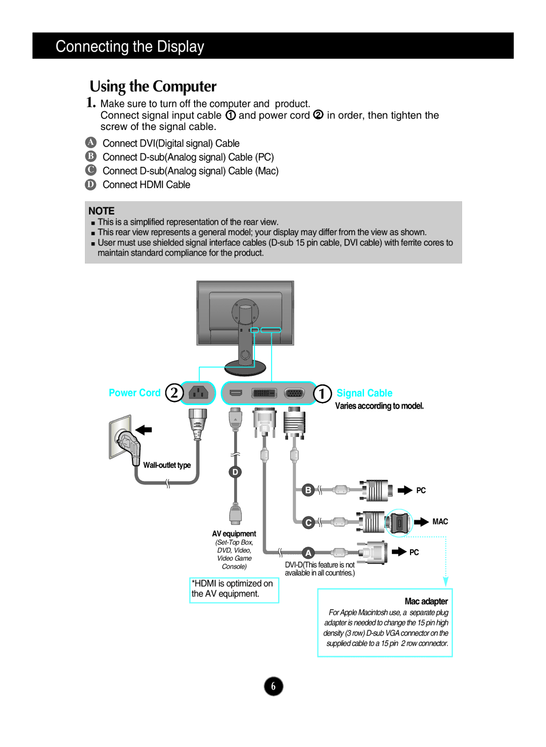 LG Electronics W2600V manual Using the Computer, Power Cord Signal Cable 