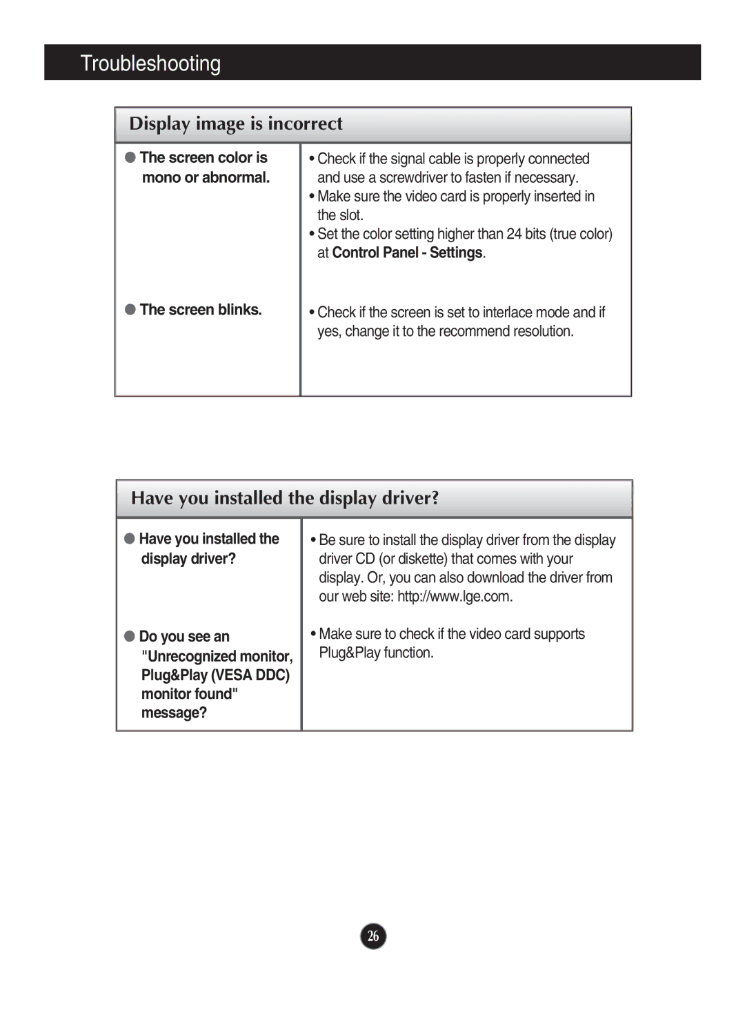 LG Electronics W2600V manual Screen blinks, Screen color is mono or abnormal 