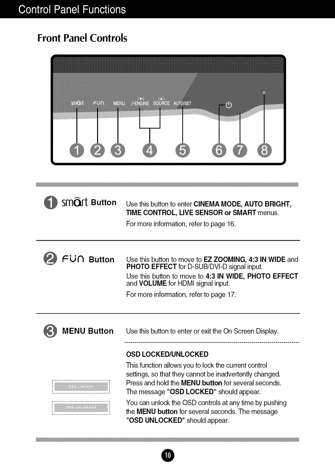 LG Electronics W2286L, W286L manual Front Panel Controls, Menu Button 