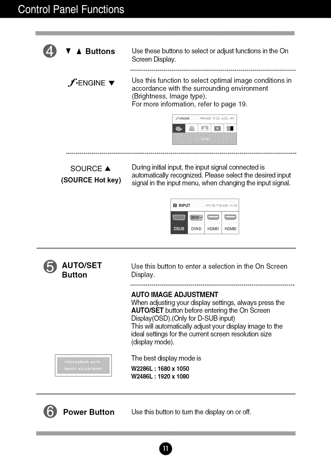 LG Electronics W286L, W2286L manual Button, Auto Image Adjustment 