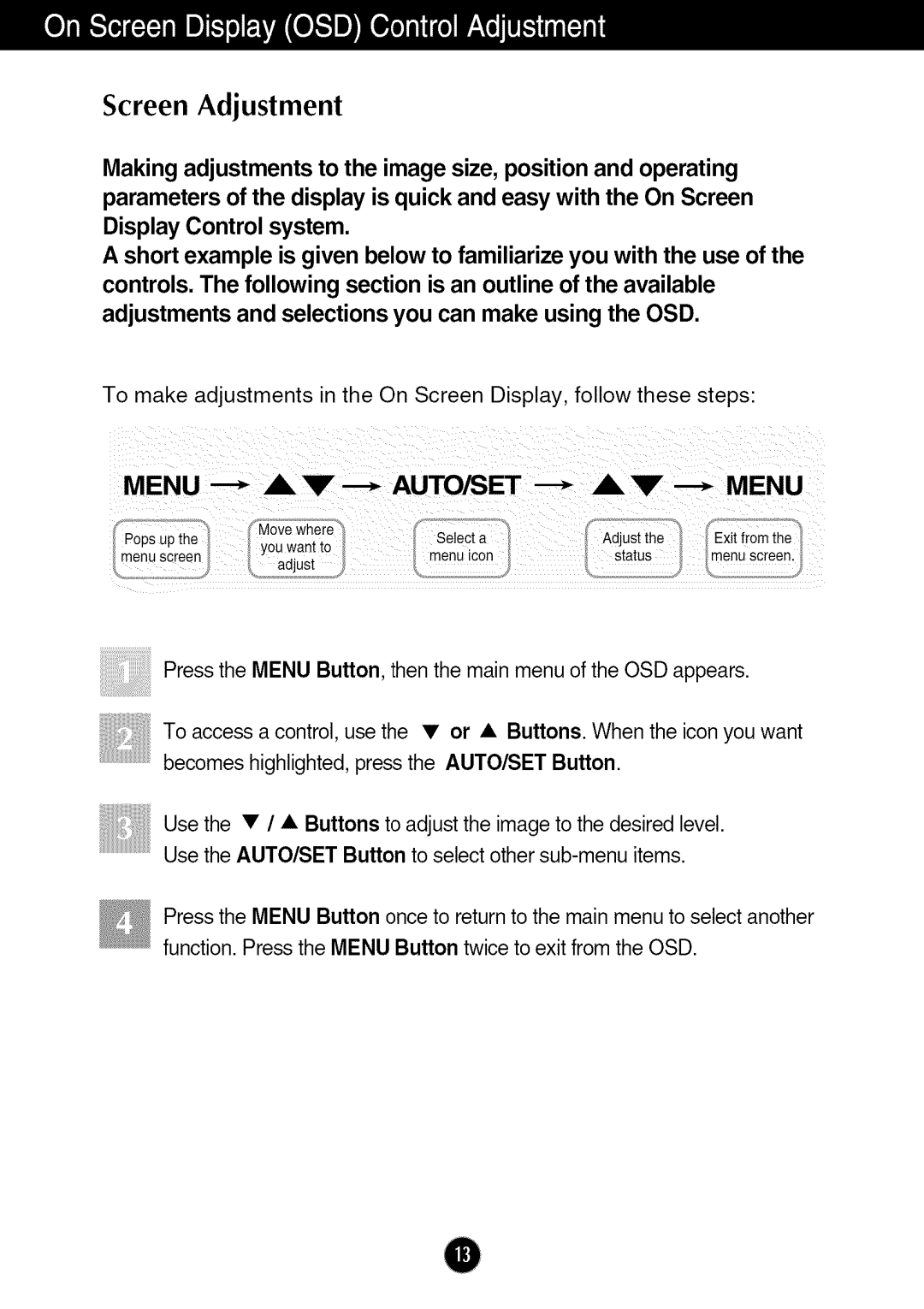 LG Electronics W286L, W2286L manual Screen Adjustment, Menu 