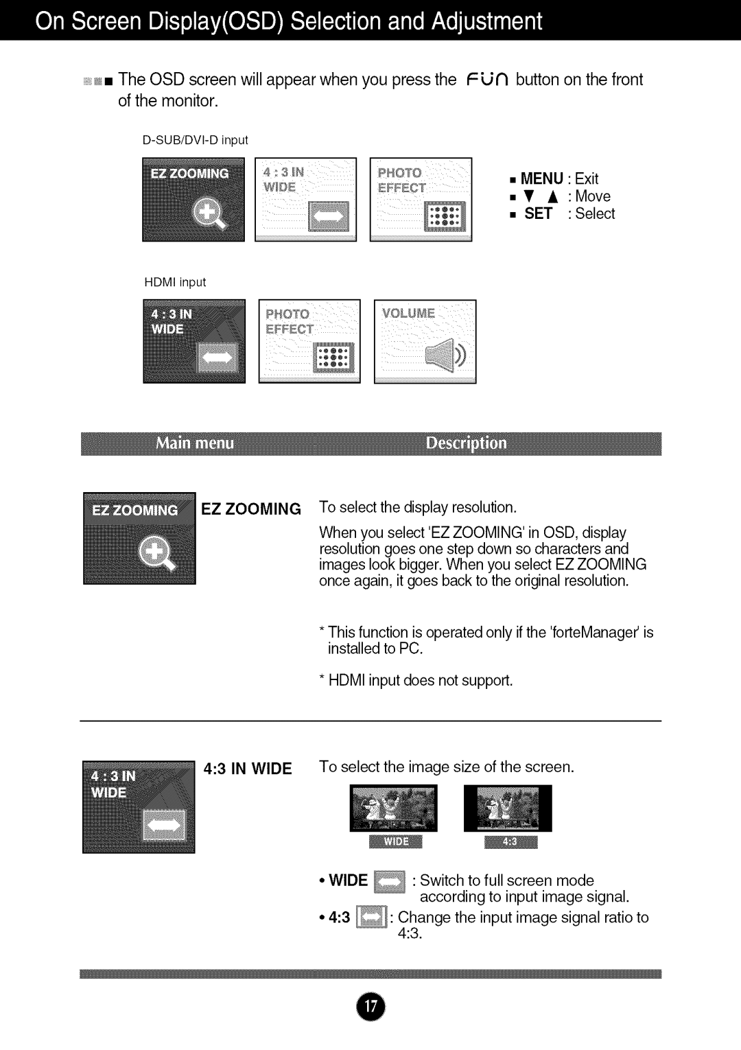 LG Electronics W286L, W2286L manual Menu Exit Move SET Select 