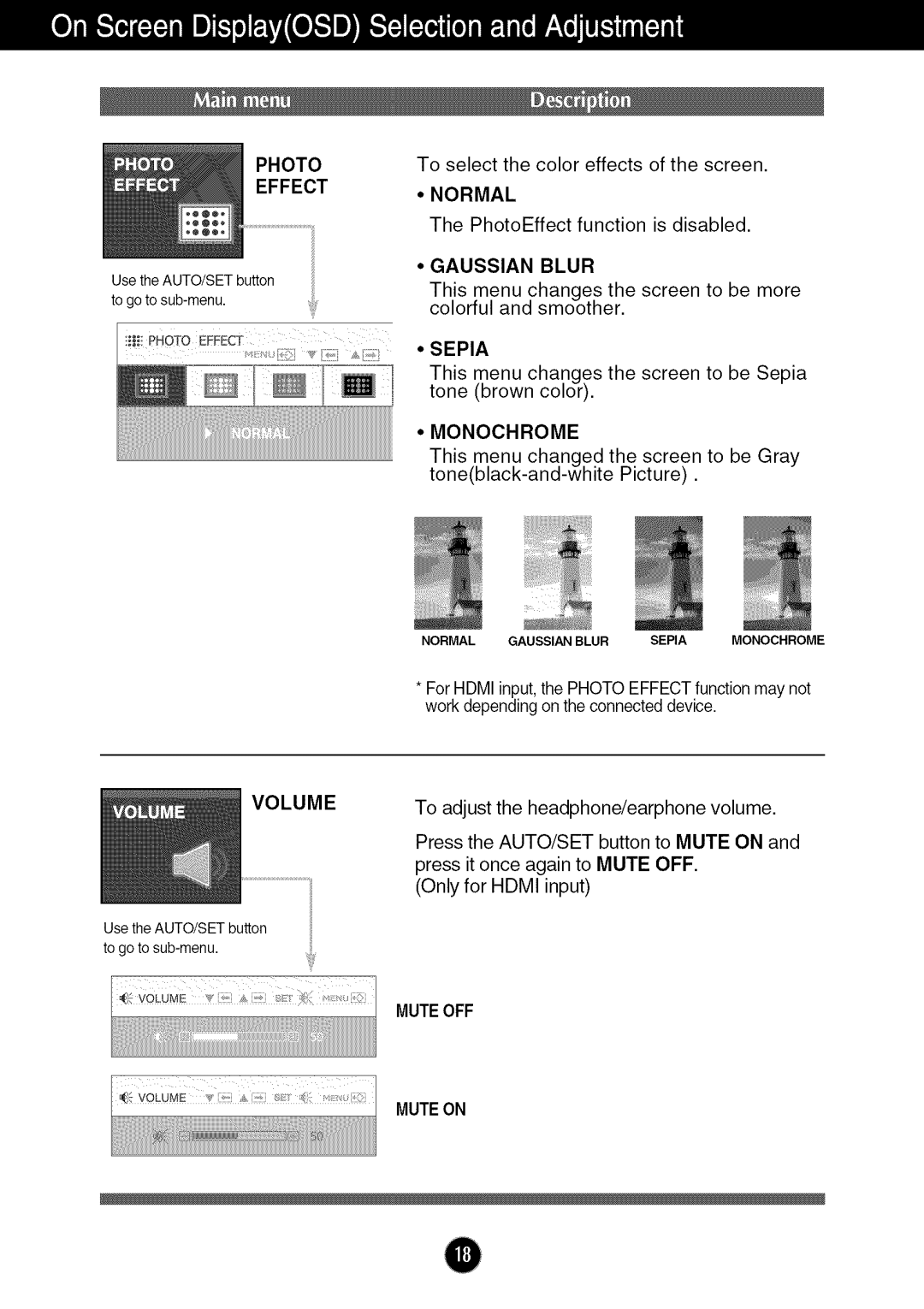 LG Electronics W2286L, W286L manual Photo Effect, Gaussian Blur, Monochrome, Muteon 