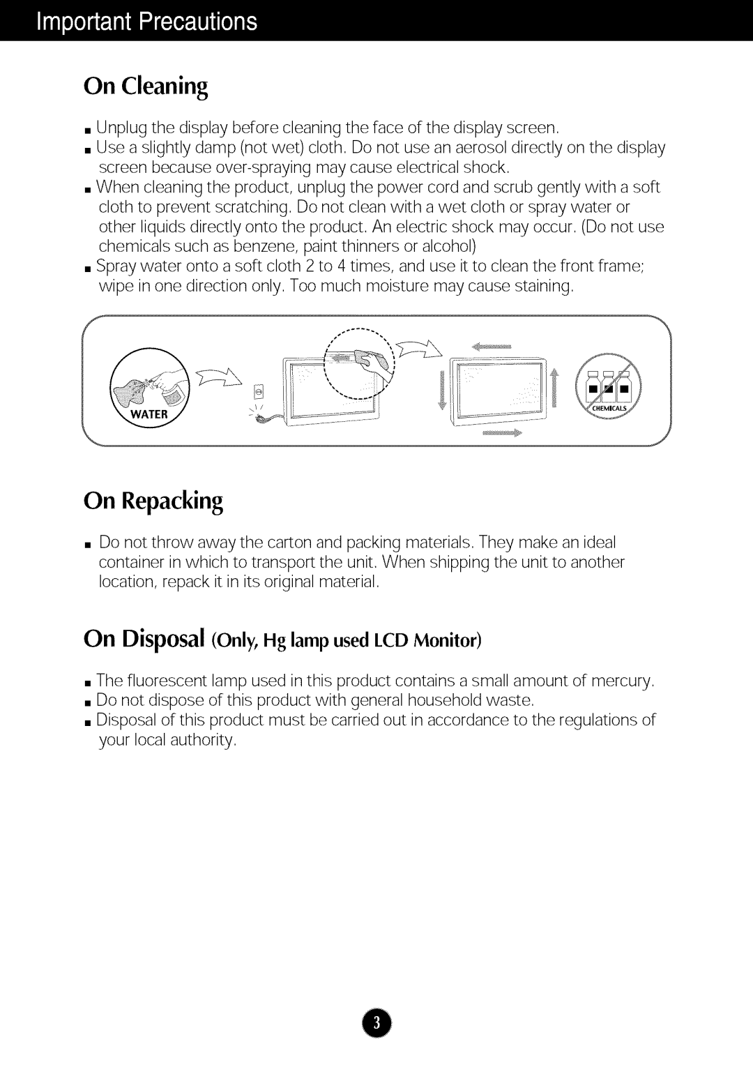 LG Electronics W286L, W2286L manual On Cleaning, On Repacking, On Disposal Only, Hg lamp used LCD Monitor 