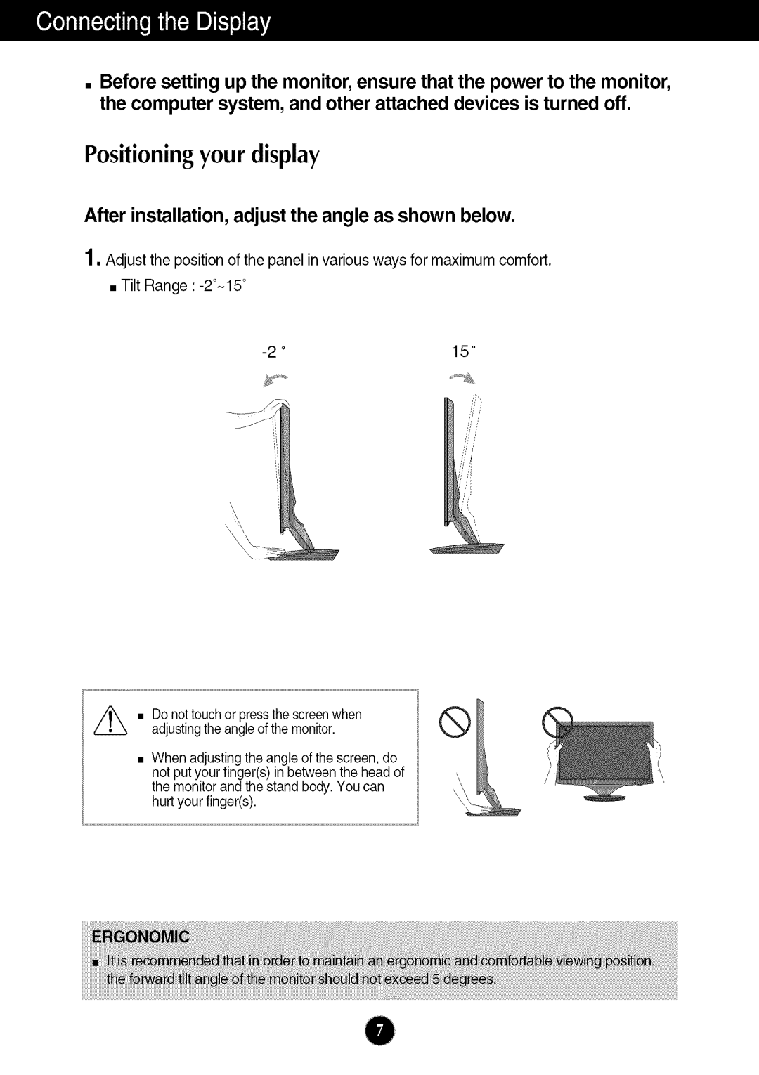 LG Electronics W286L, W2286L manual Positioning your display, After installation, adjust the angle as shown below 