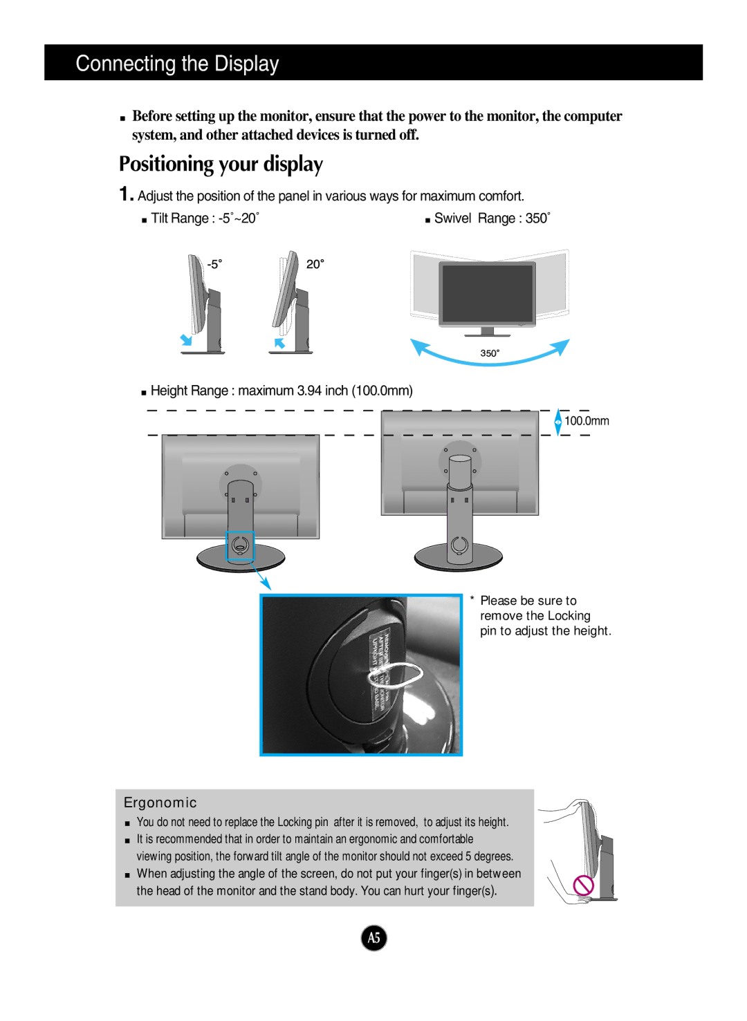 LG Electronics W3000H manual Positioning your display, Ergonomic 