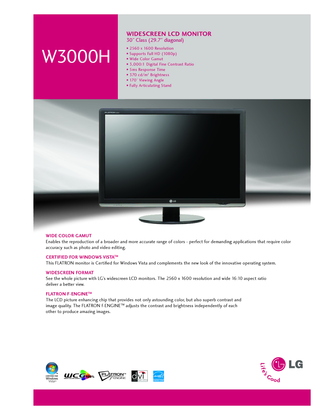 LG Electronics W3000H manual Certified for windows vistaTM, Widescreen forMat, FLatron f-enGineTM 