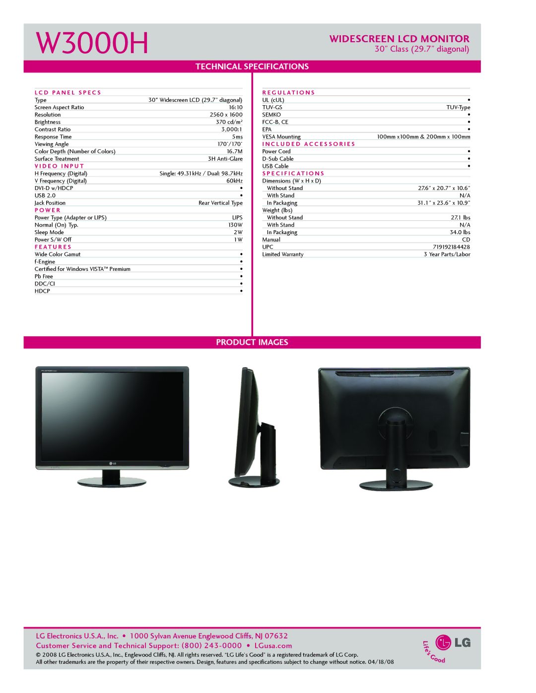 LG Electronics W3000H D PA n e l S p e c s G u l at i o n S, C l u d e d a c c e s s o r i e s, D E o I n p u t, W e r 