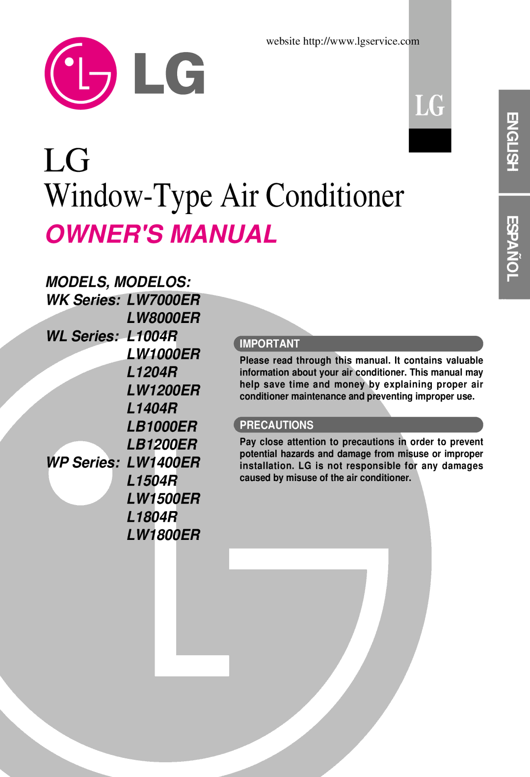 LG Electronics LB1000ER, W7000ER, LB1200ER, L1404R, L1204R, L1804R, L1504R, L1004R owner manual Window-Type Air Conditioner 