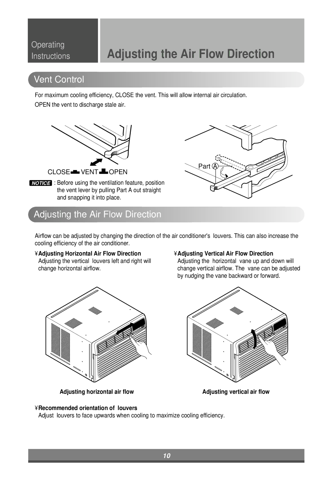 LG Electronics LW1800ER, W7000ER, LB1000ER, LB1200ER, L1404R, L1204R, L1804R Vent Control, Adjusting the Air Flow Direction 