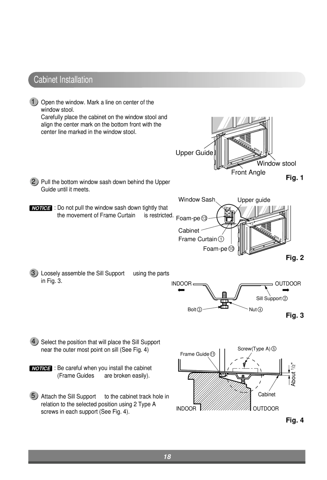 LG Electronics L1204R, W7000ER, LB1000ER Cabinet Installation, Open the window. Mark a line on center of the window stool 