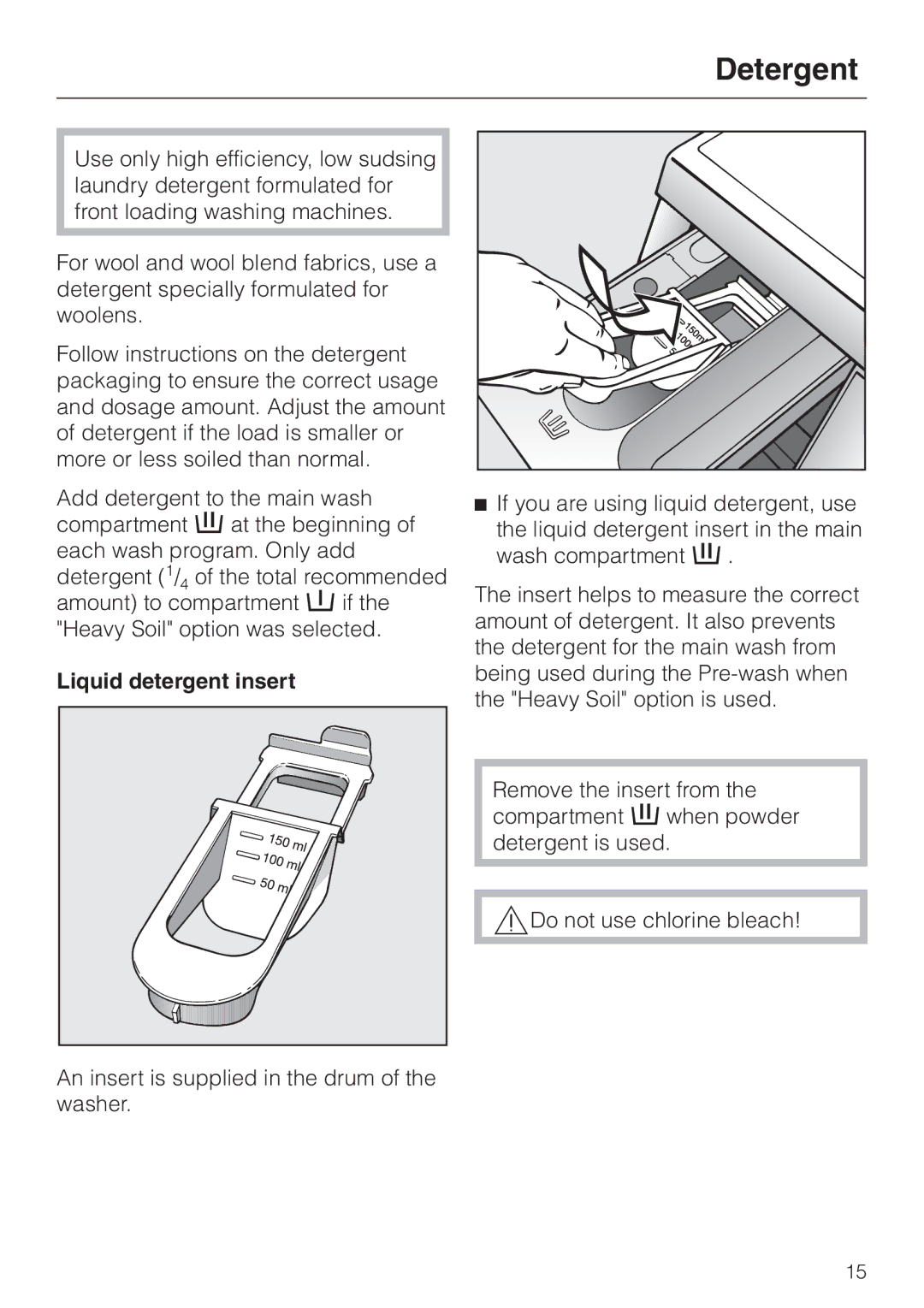 LG Electronics Washer W1119 operating instructions Detergent, Liquid detergent insert 