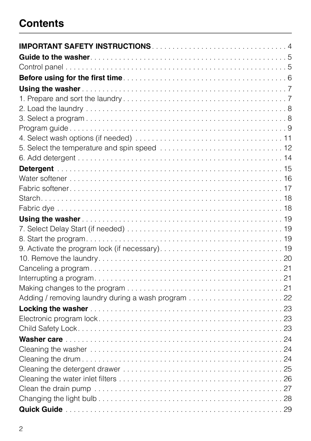 LG Electronics Washer W1119 operating instructions Contents 