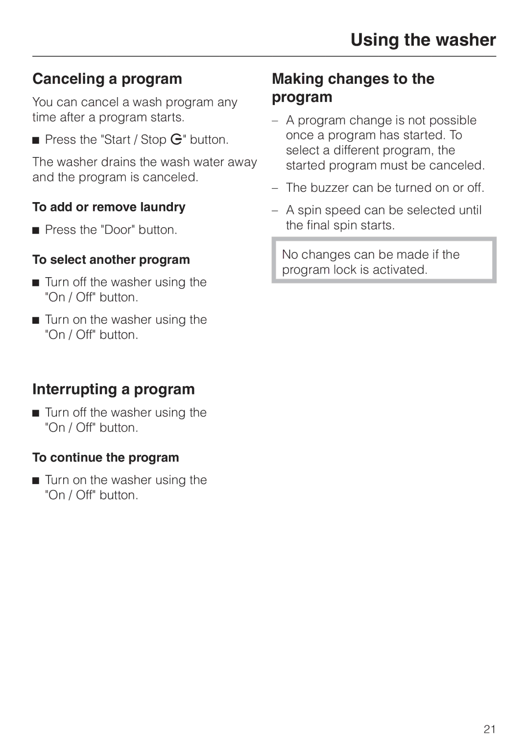 LG Electronics Washer W1119 Canceling a program, Making changes to the program, Interrupting a program 