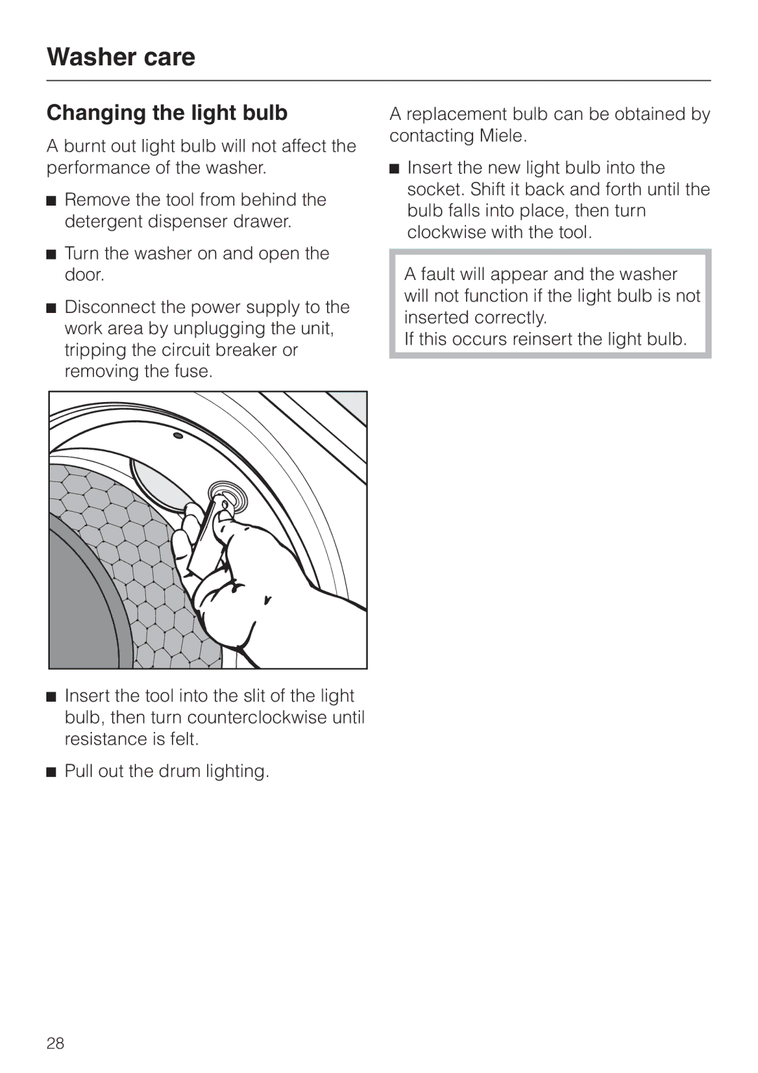 LG Electronics Washer W1119 operating instructions Changing the light bulb 