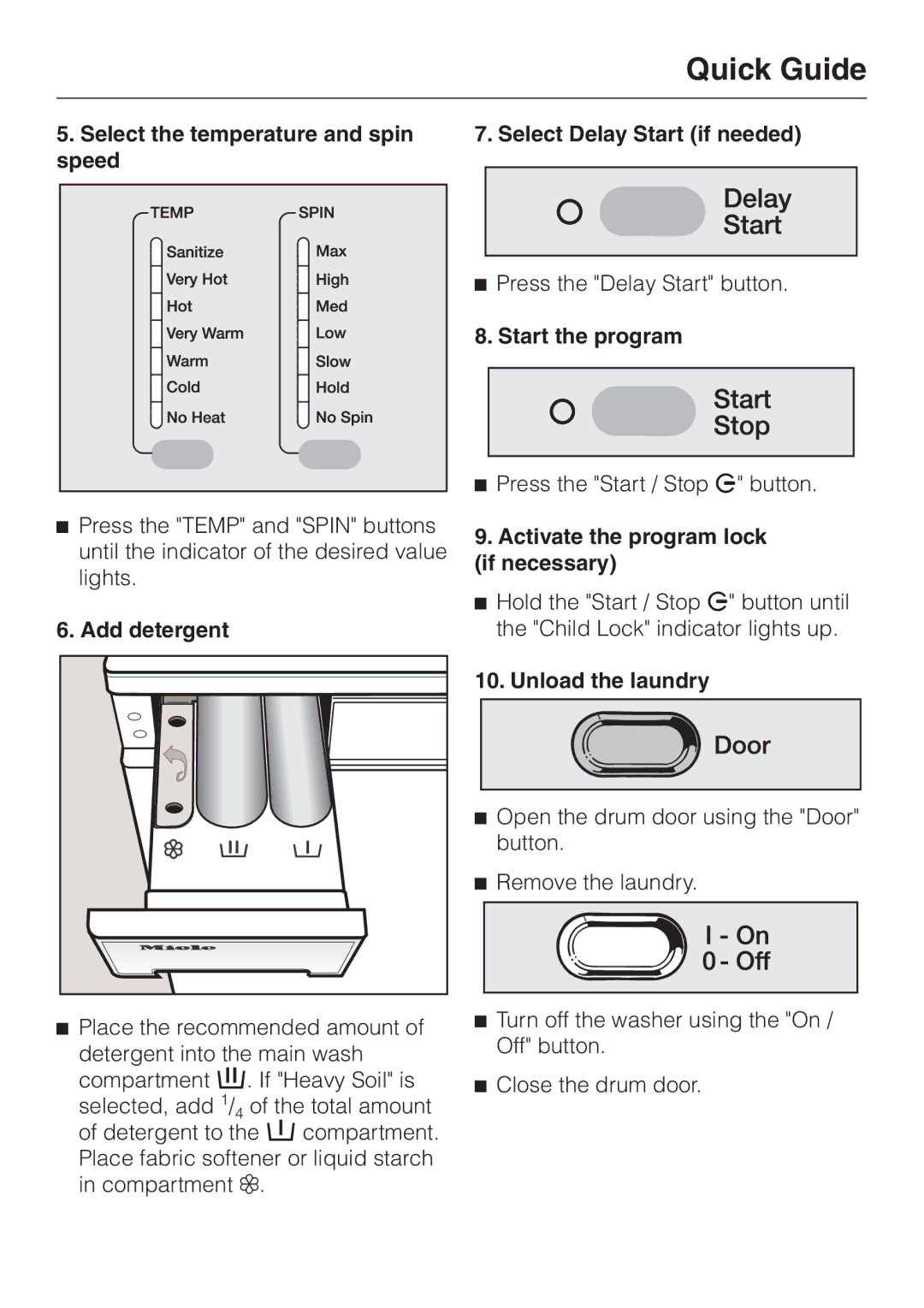 LG Electronics Washer W1119 Select the temperature and spin speed, Add detergent, Select Delay Start if needed 