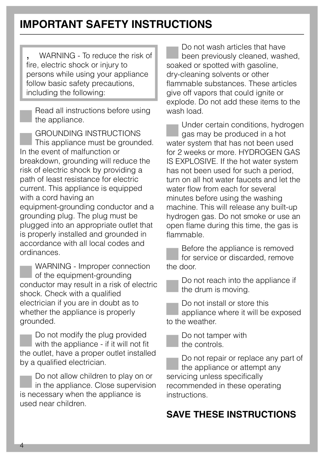 LG Electronics Washer W1119 operating instructions Important Safety Instructions 