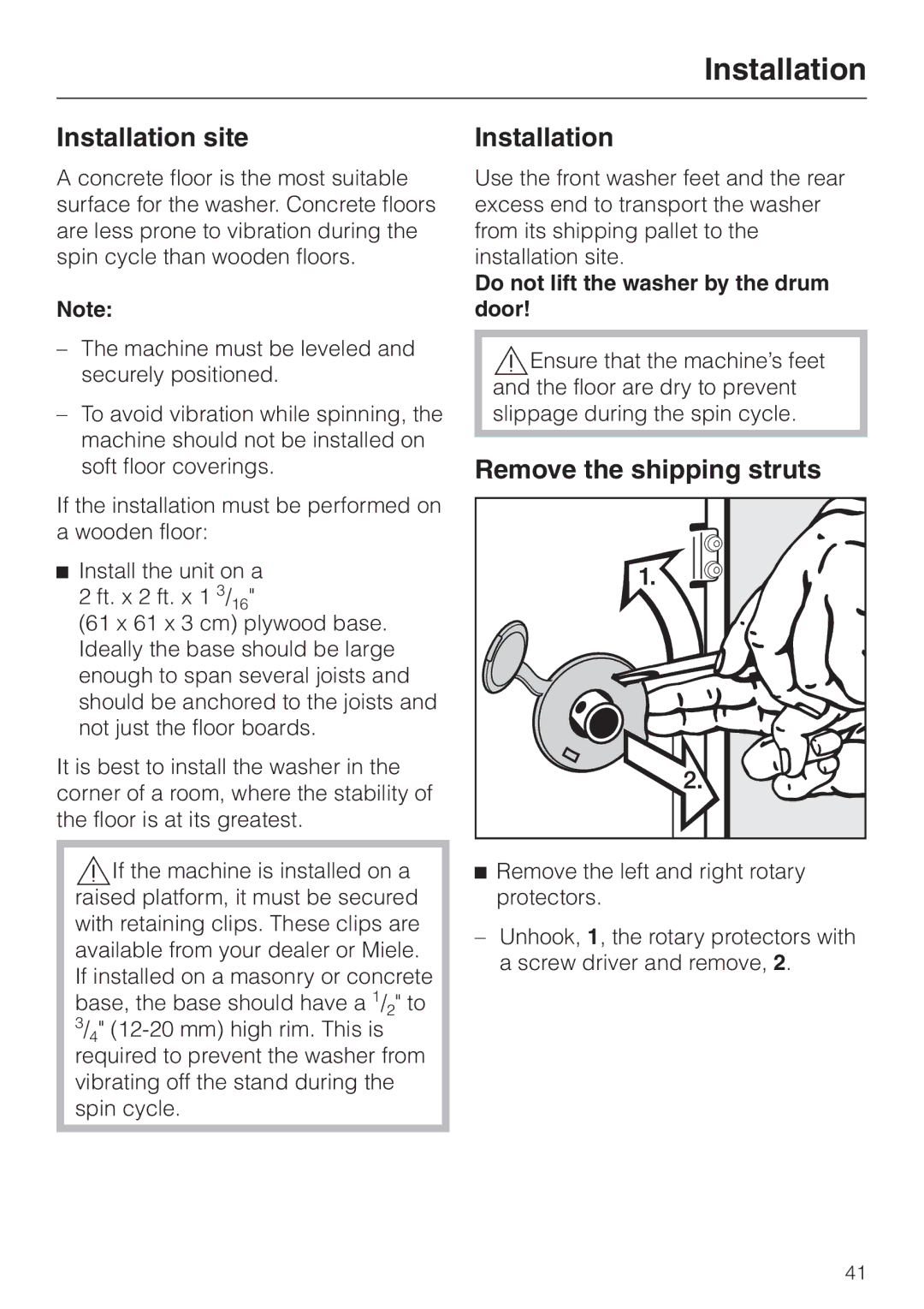 LG Electronics Washer W1119 Installation site, Remove the shipping struts, Do not lift the washer by the drum door 