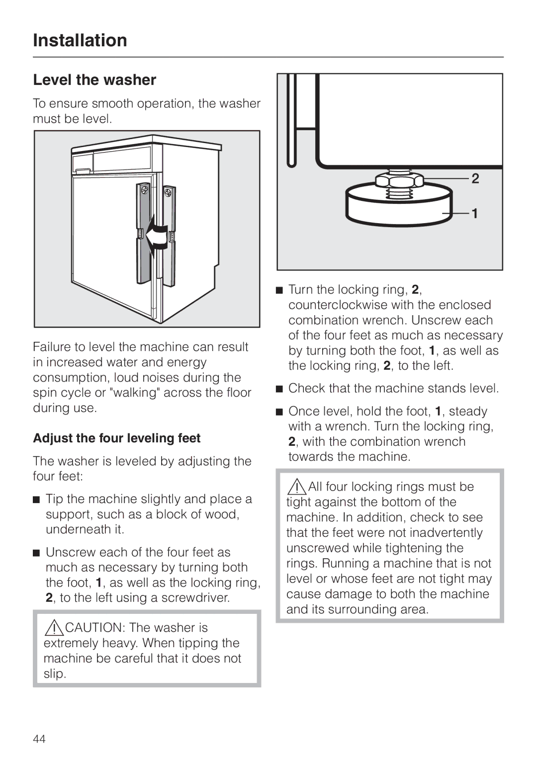 LG Electronics Washer W1119 operating instructions Level the washer, Adjust the four leveling feet 