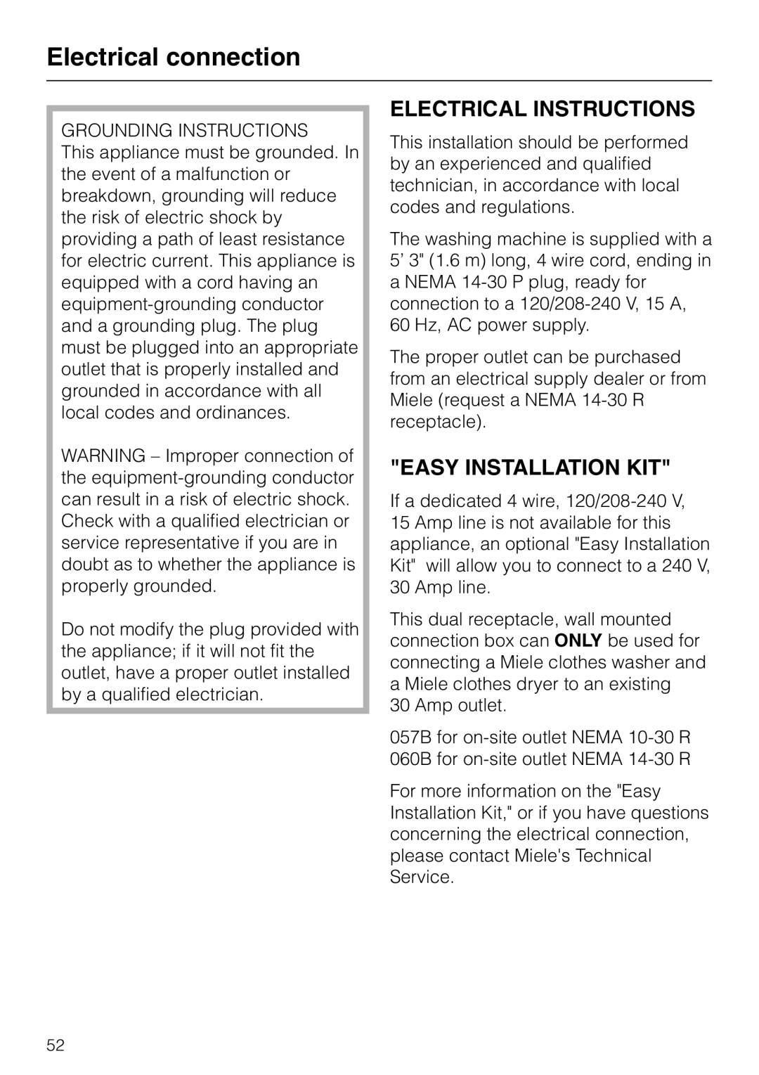 LG Electronics Washer W1119 operating instructions Electrical connection, Grounding Instructions 