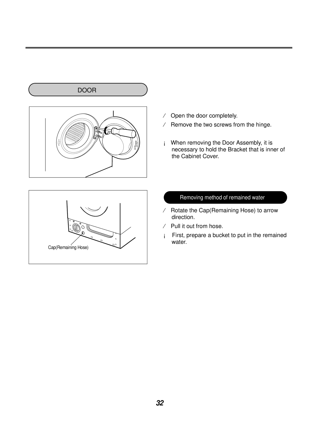 LG Electronics WD-10124RD service manual Door, Removing method of remained water 