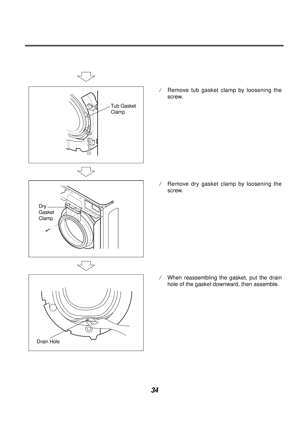 LG Electronics WD-10124RD service manual ¤ Remove tub gasket clamp by loosening the screw 