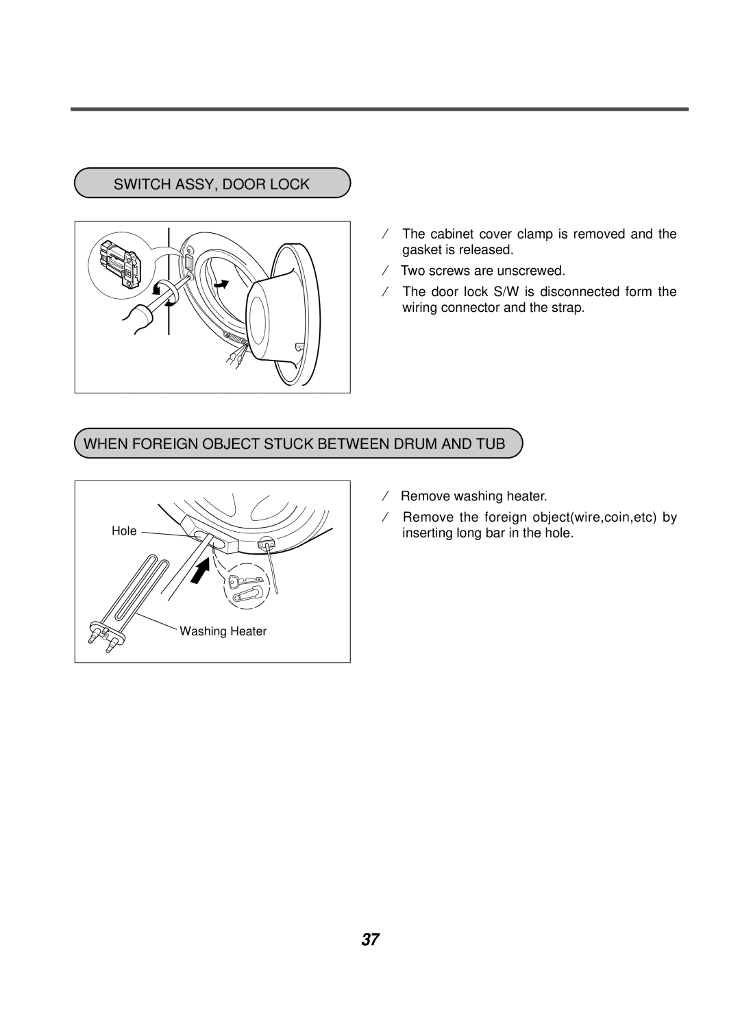 LG Electronics WD-10124RD service manual Switch ASSY, Door Lock, When Foreign Object Stuck Between Drum and TUB 