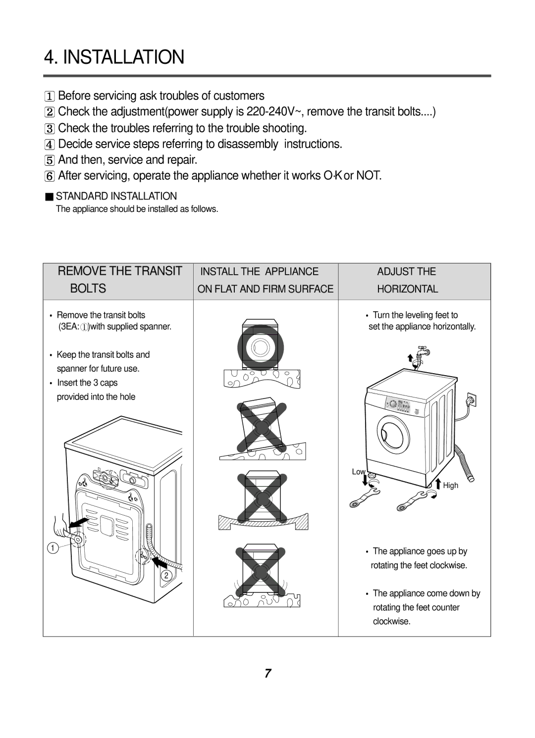 LG Electronics WD-10124RD service manual Installation, Bolts 