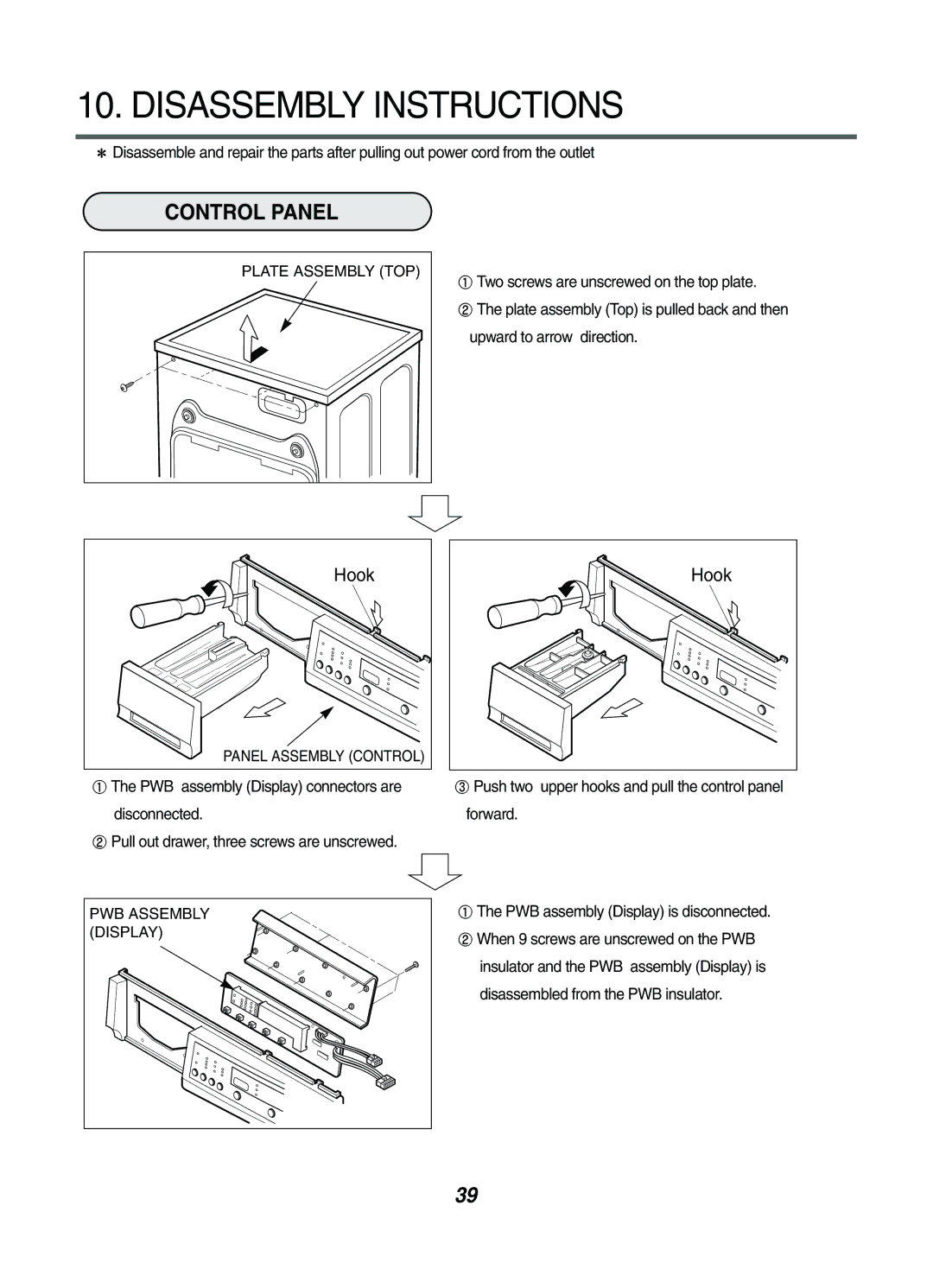 LG Electronics WD-1042FH, WD-1042F(H)(B), WD-1041(3)F(H)(B), WD-102(4)1(5)W(F)(H), WD-102(4)(5)F(H)(B Control Panel, Hook 