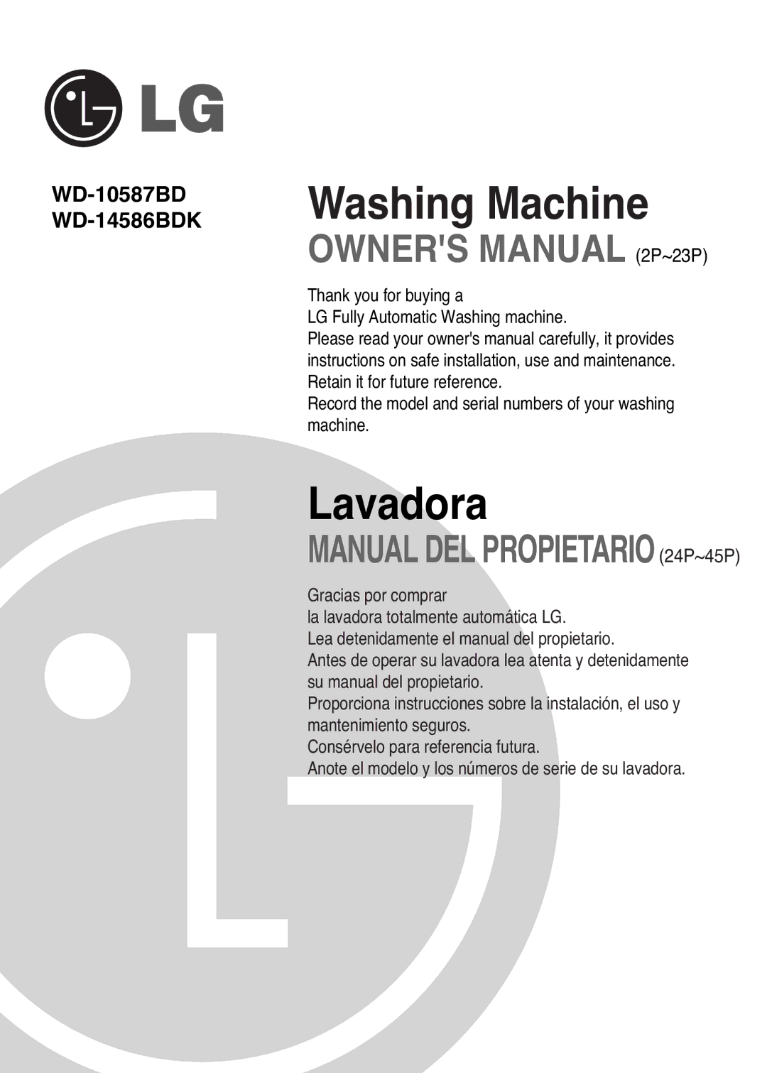 LG Electronics WD-10587BD owner manual Washing Machine 