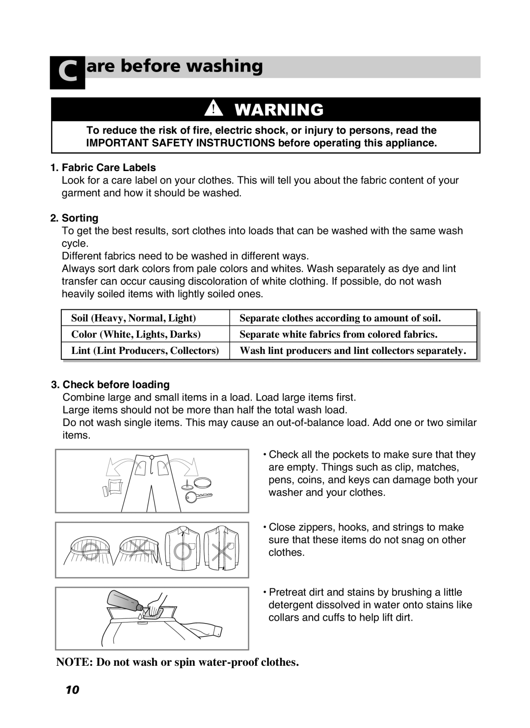 LG Electronics WD-10587BD owner manual Are before washing, Sorting, Check before loading 