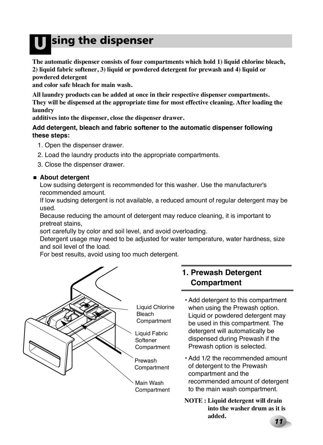 LG Electronics WD-10587BD owner manual About detergent, Liquid Chlorine Bleach Compartment Liquid Fabric Softener 