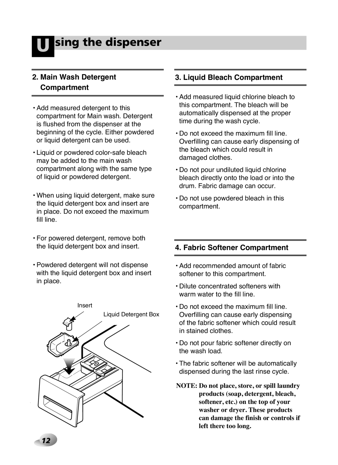 LG Electronics WD-10587BD owner manual Sing the dispenser, Insert Liquid Detergent Box 