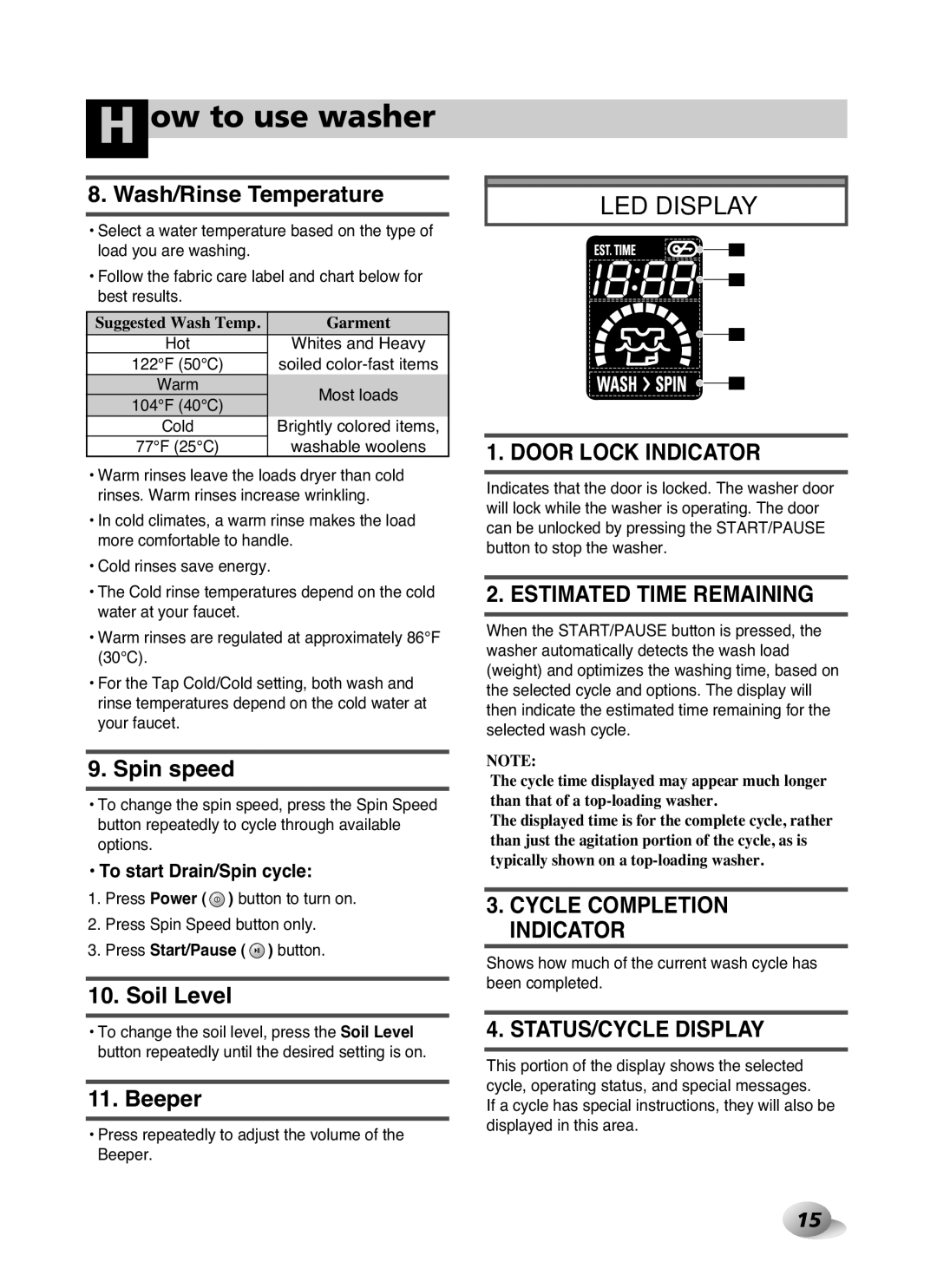 LG Electronics WD-10587BD owner manual Wash/Rinse Temperature, Spin speed, Soil Level, Beeper, To start Drain/Spin cycle 