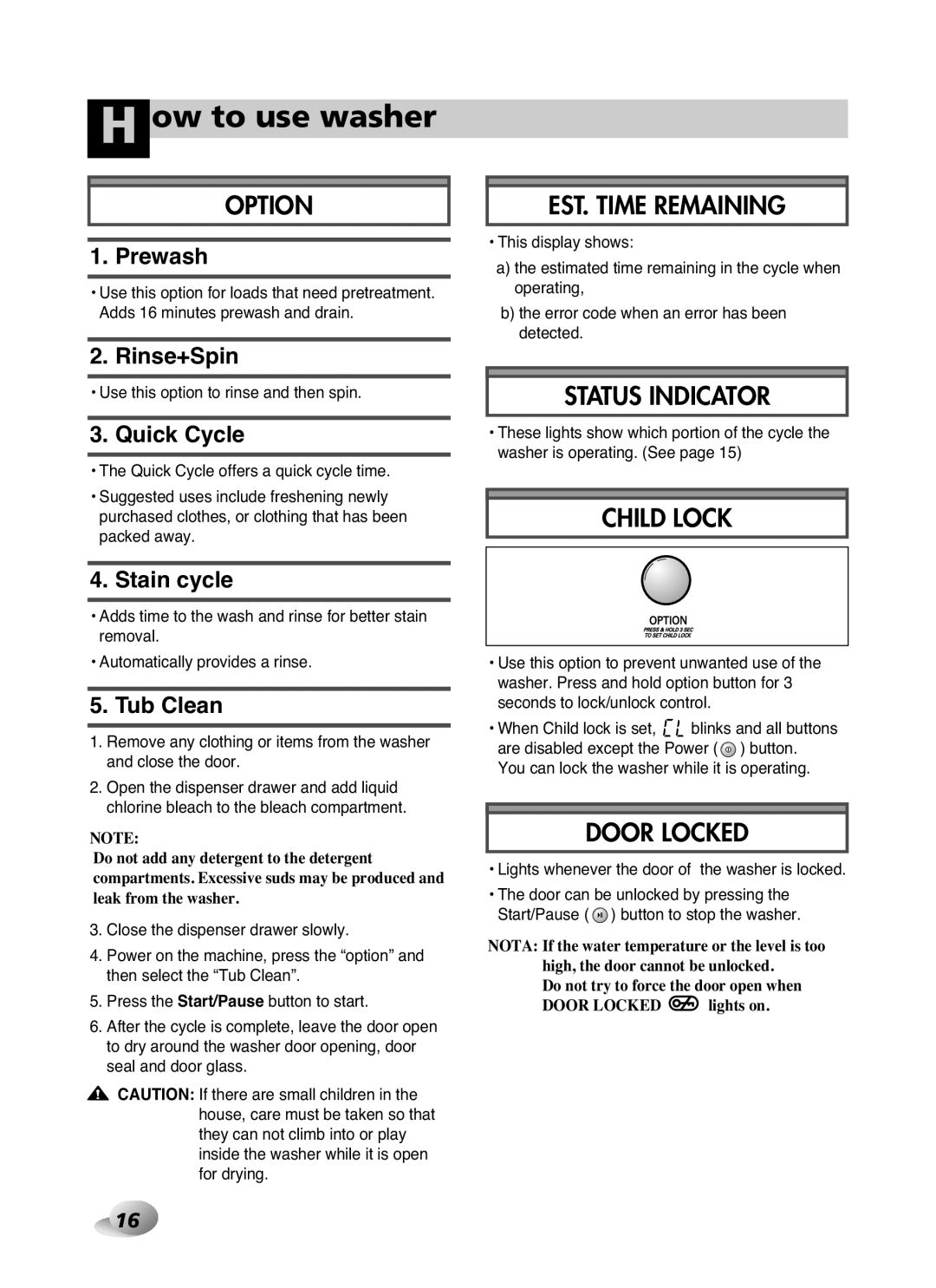 LG Electronics WD-10587BD owner manual Prewash, Rinse+Spin, Quick Cycle, Stain cycle, Tub Clean 