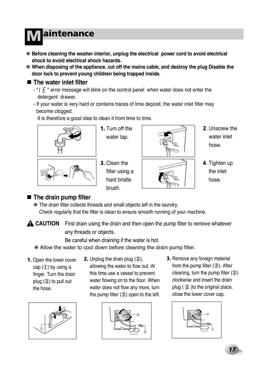 LG Electronics WD-10587BD owner manual Aintenance, Water inlet filter, Drain pump filter 