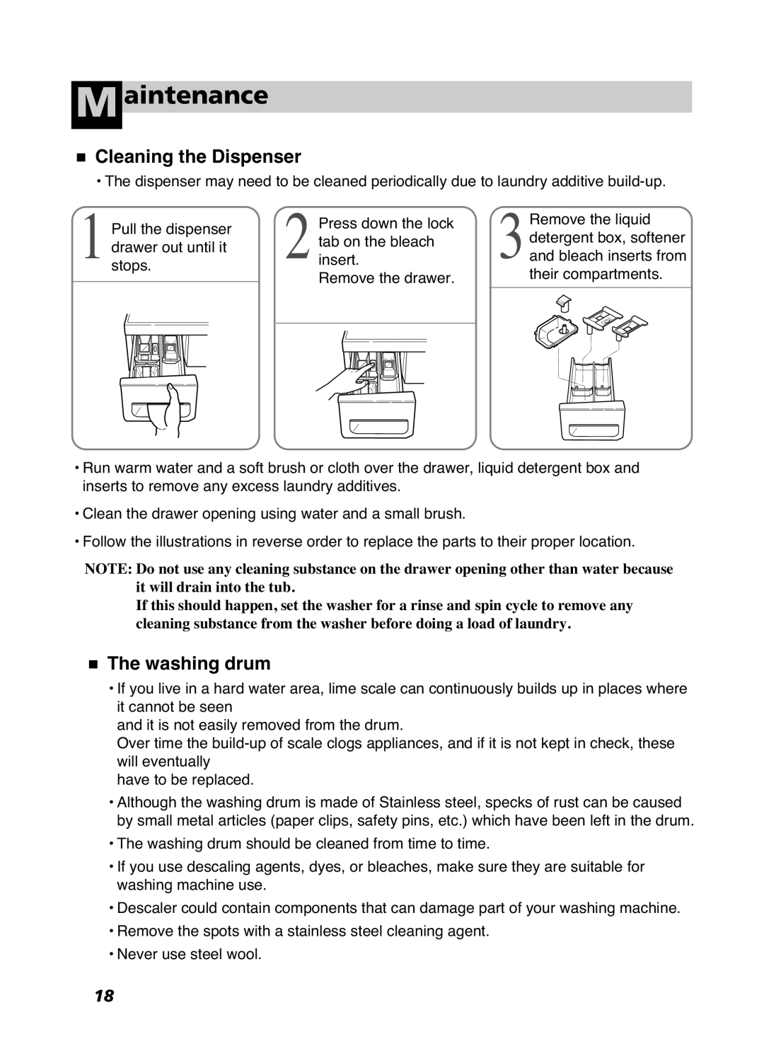 LG Electronics WD-10587BD owner manual Cleaning the Dispenser, Washing drum 