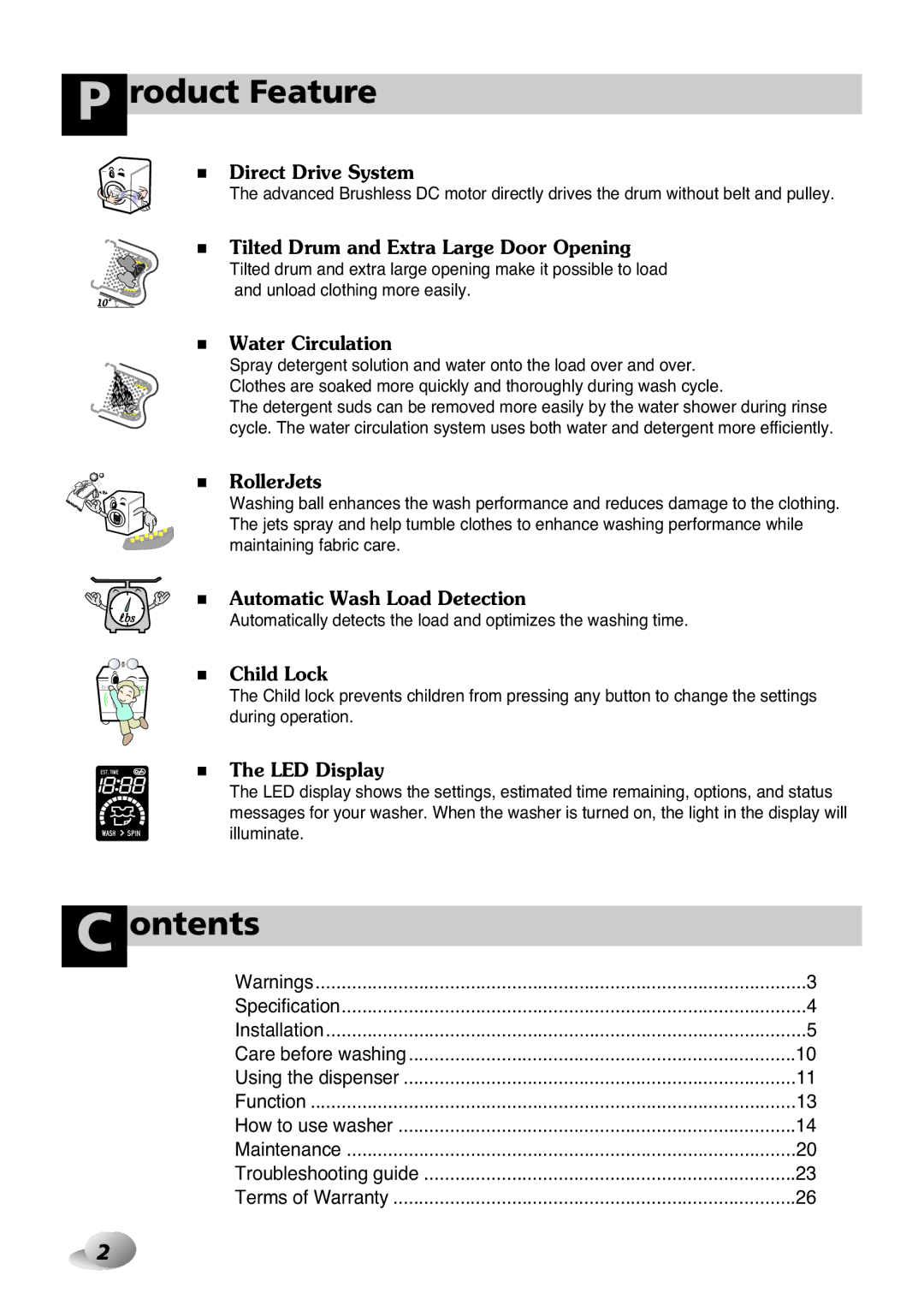 LG Electronics WD-10587BD owner manual Roduct Feature, Ontents 