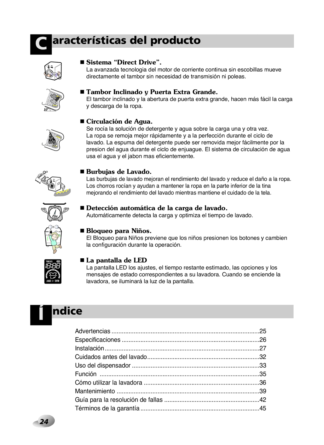 LG Electronics WD-10587BD Aracterísticas del producto, Ndice, Cuidados antes del lavado, Guía para la resolución de fallas 