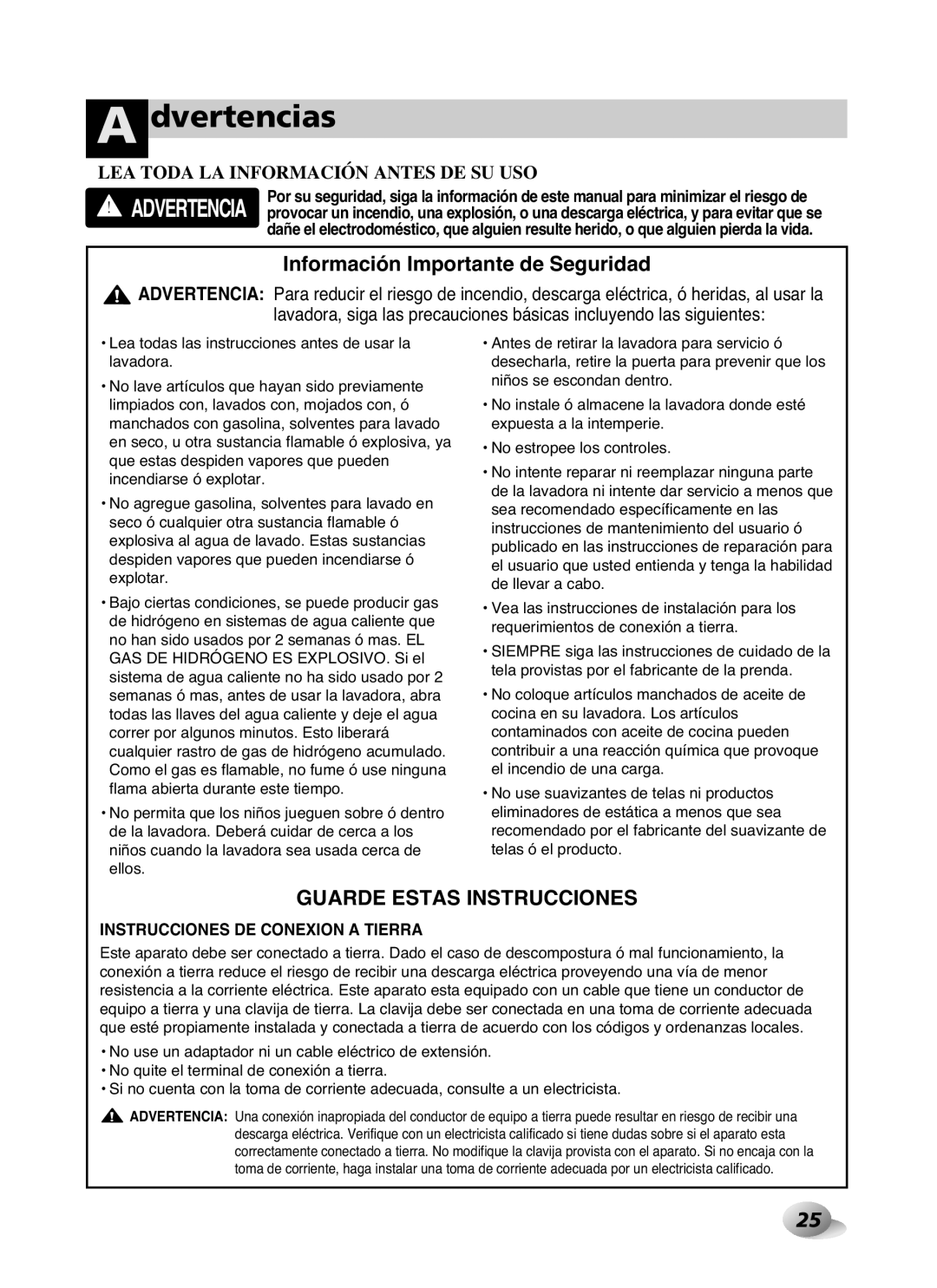 LG Electronics WD-10587BD owner manual Dvertencias, LEA Toda LA Información Antes DE SU USO 