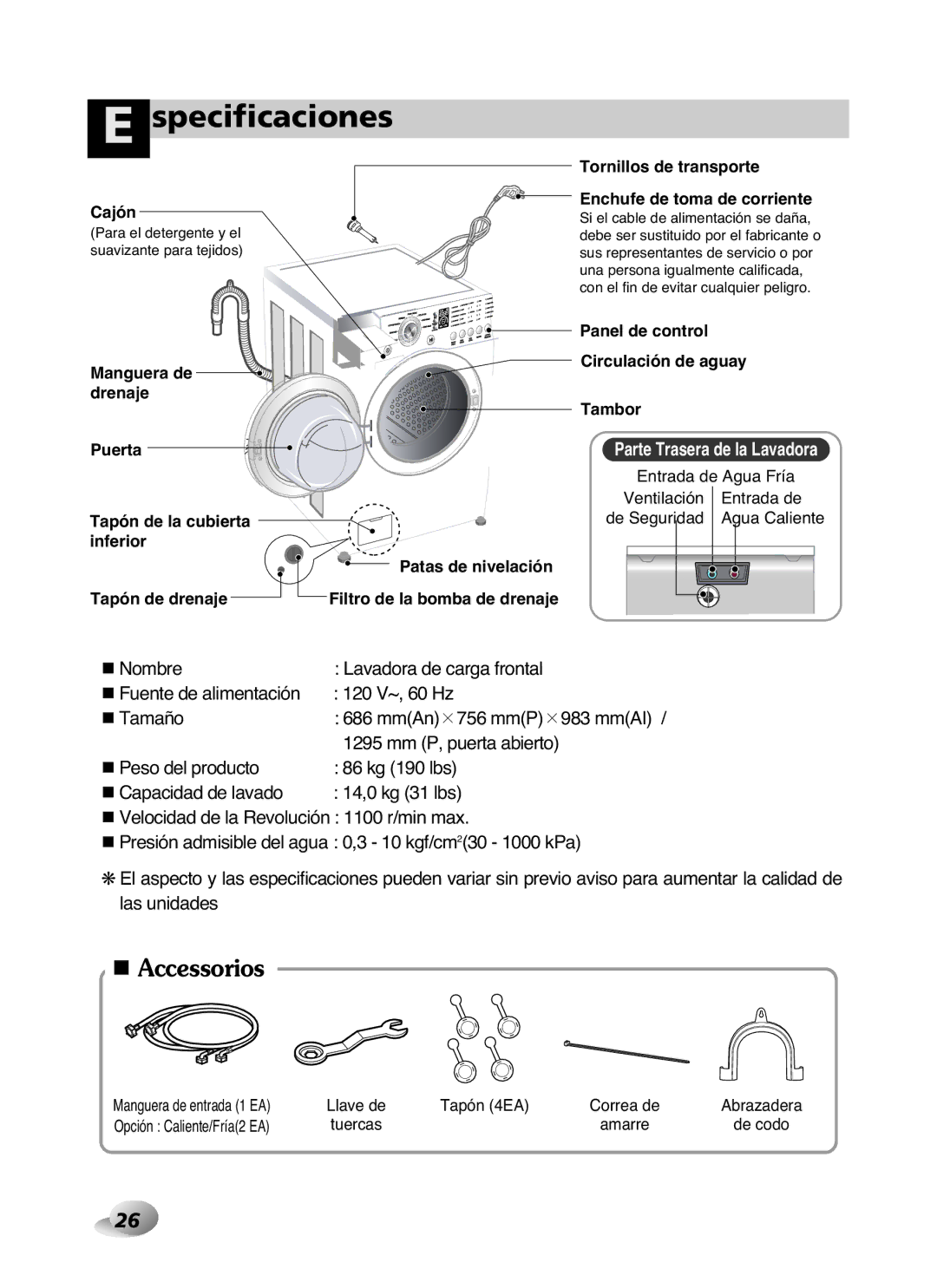 LG Electronics WD-10587BD Specificaciones, Entrada de Agua Fría Ventilación De Seguridad Agua Caliente, Tapón 4EA 