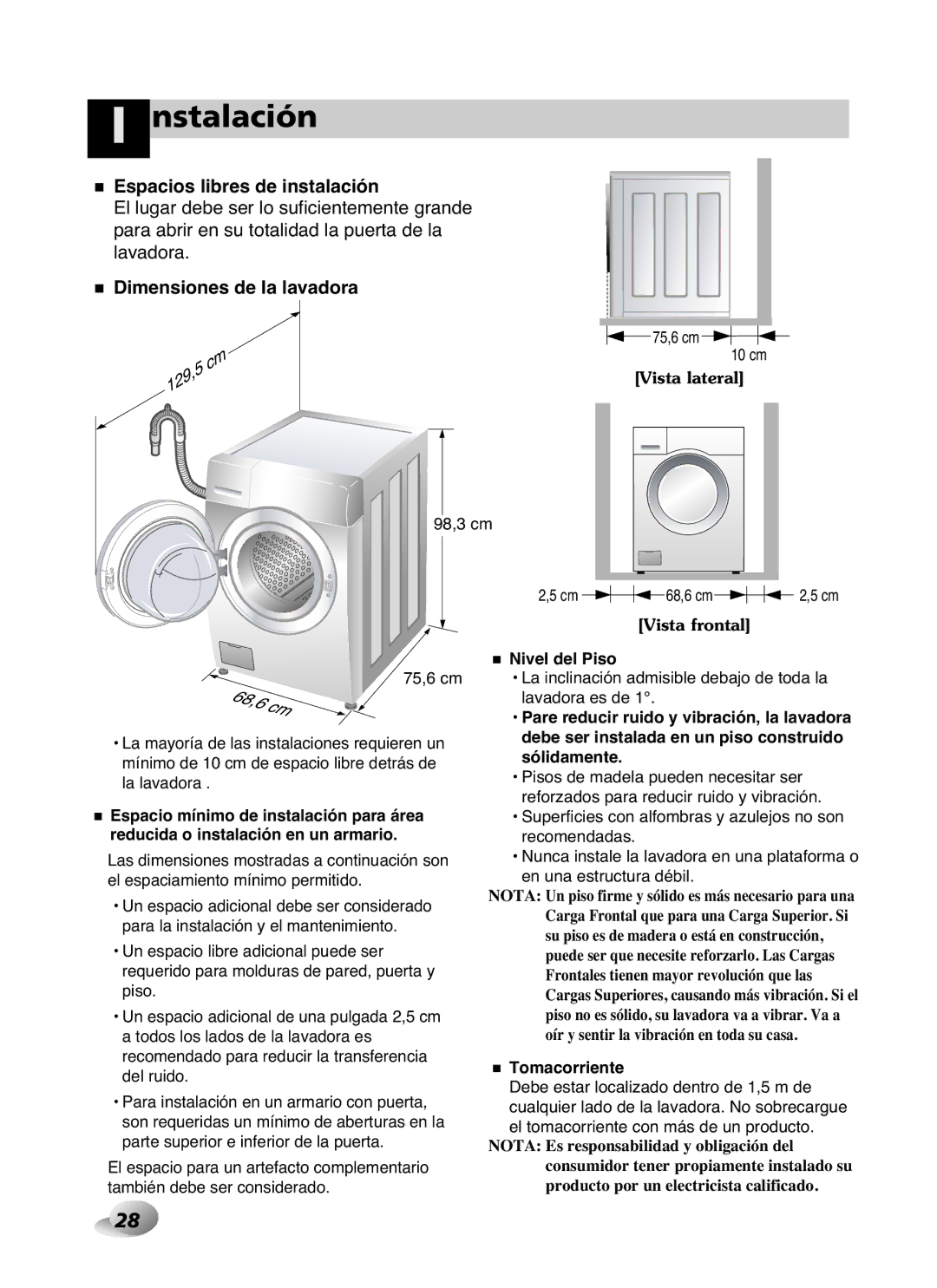 LG Electronics WD-10587BD owner manual Espacios libres de instalación, Dimensiones de la lavadora 