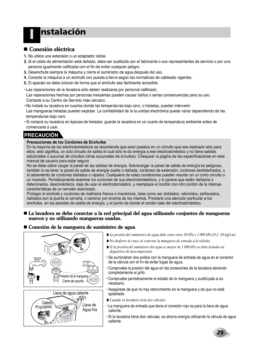 LG Electronics WD-10587BD owner manual Conexión eléctrica, Llave de agua caliente Caliente 