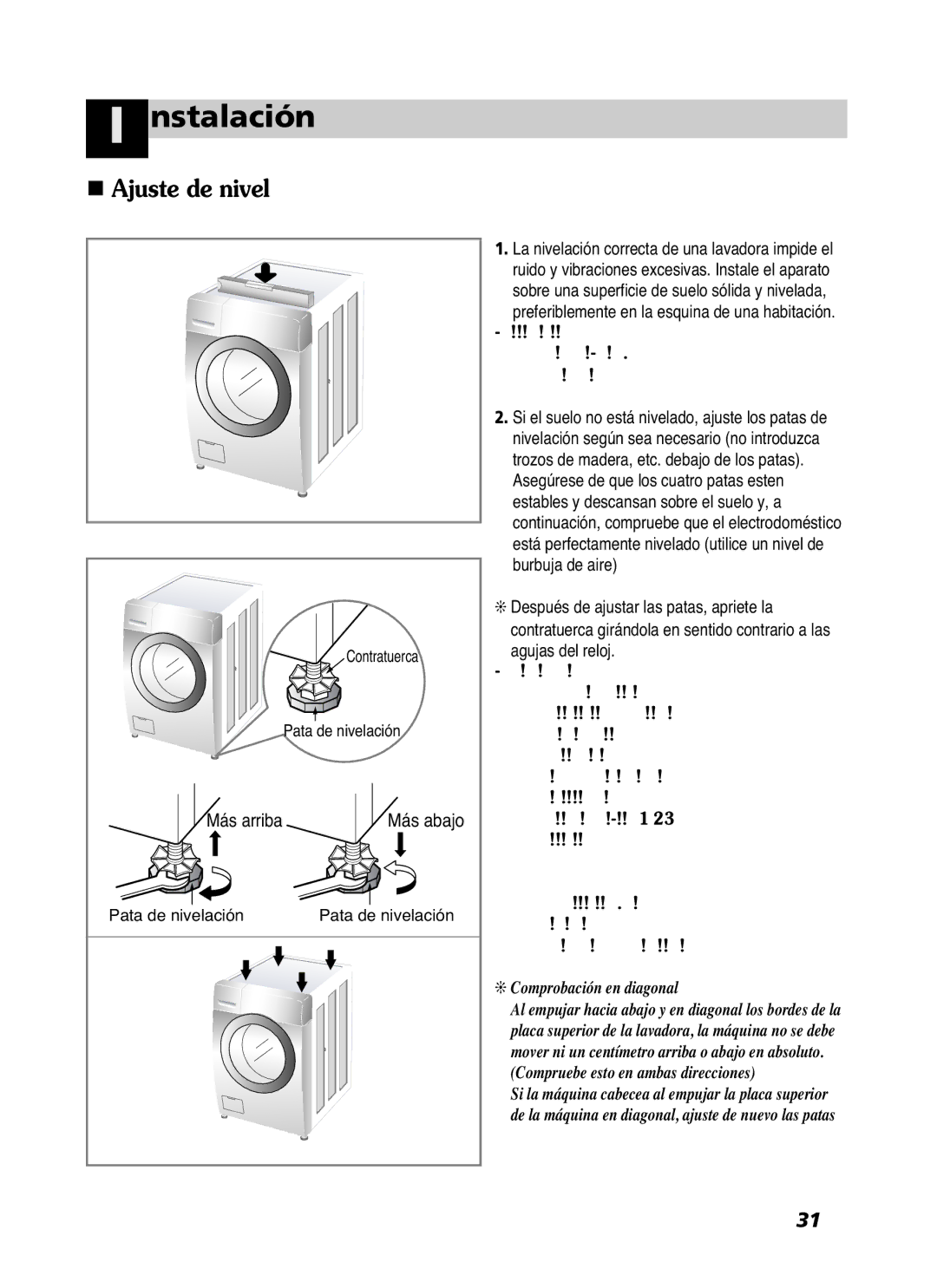 LG Electronics WD-10587BD Contratuerca, Pata de nivelación, Más abajo, Preferiblemente en la esquina de una habitación 