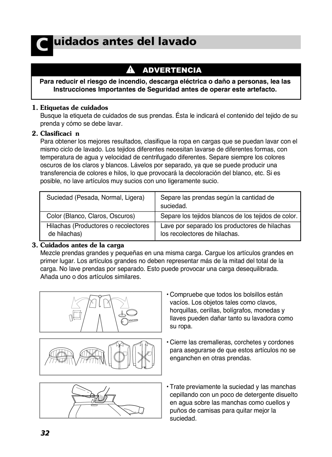 LG Electronics WD-10587BD owner manual Uidados antes del lavado, Separe los tejidos blancos de los tejidos de color 