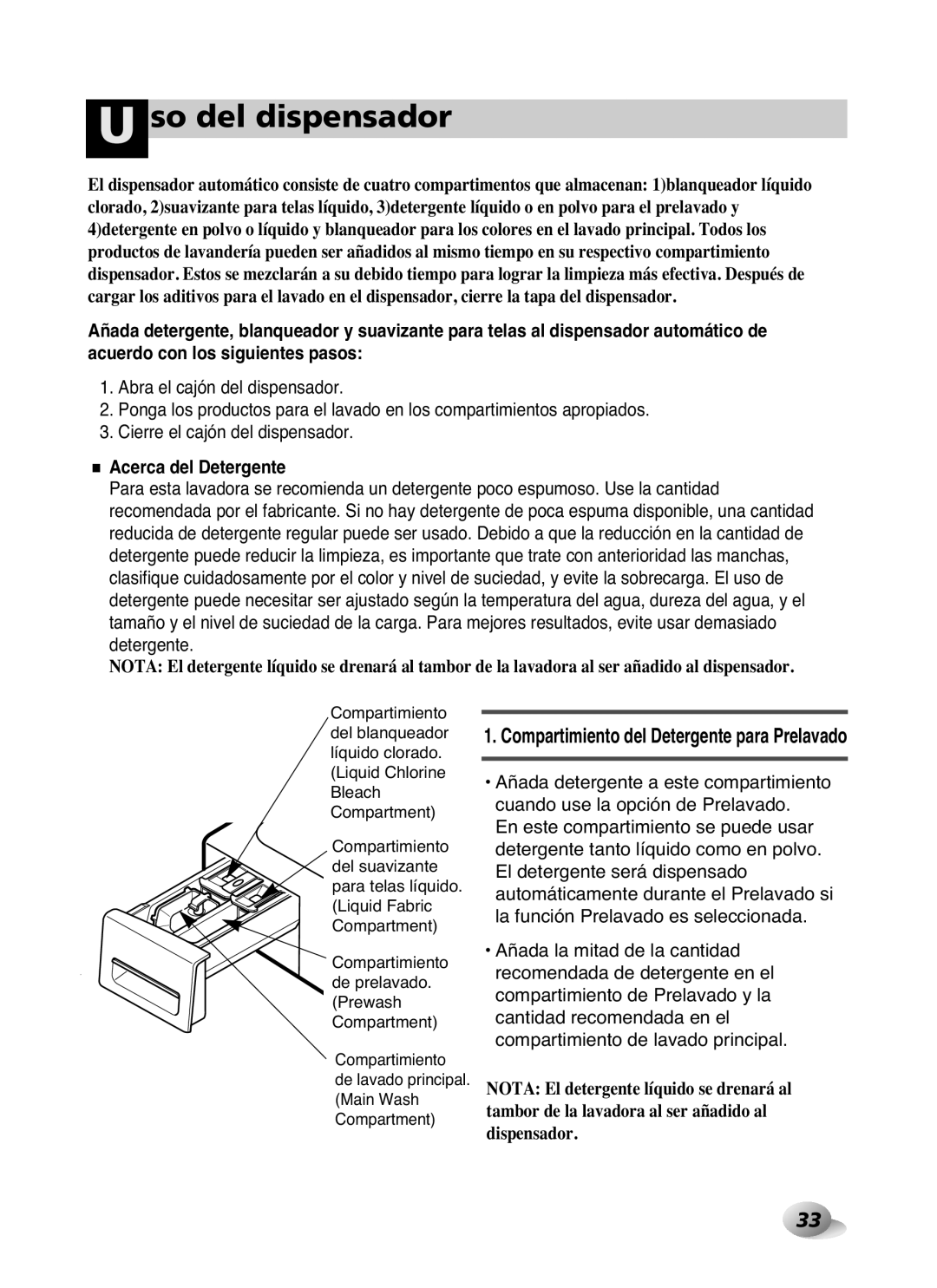 LG Electronics WD-10587BD owner manual So del dispensador, Acerca del Detergente 